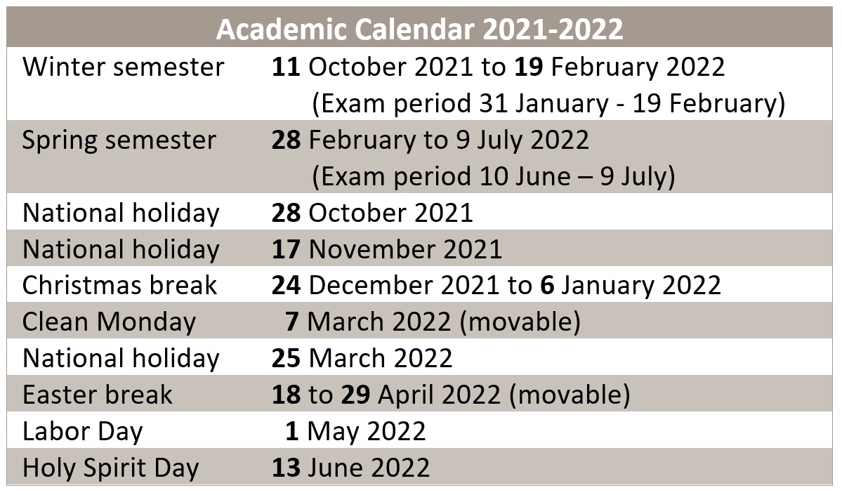 Academic Calendar dates